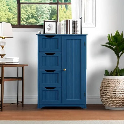 Navy Blue Wooden Bathroom Floor Cabinet With 4 Drawers And Cupboard