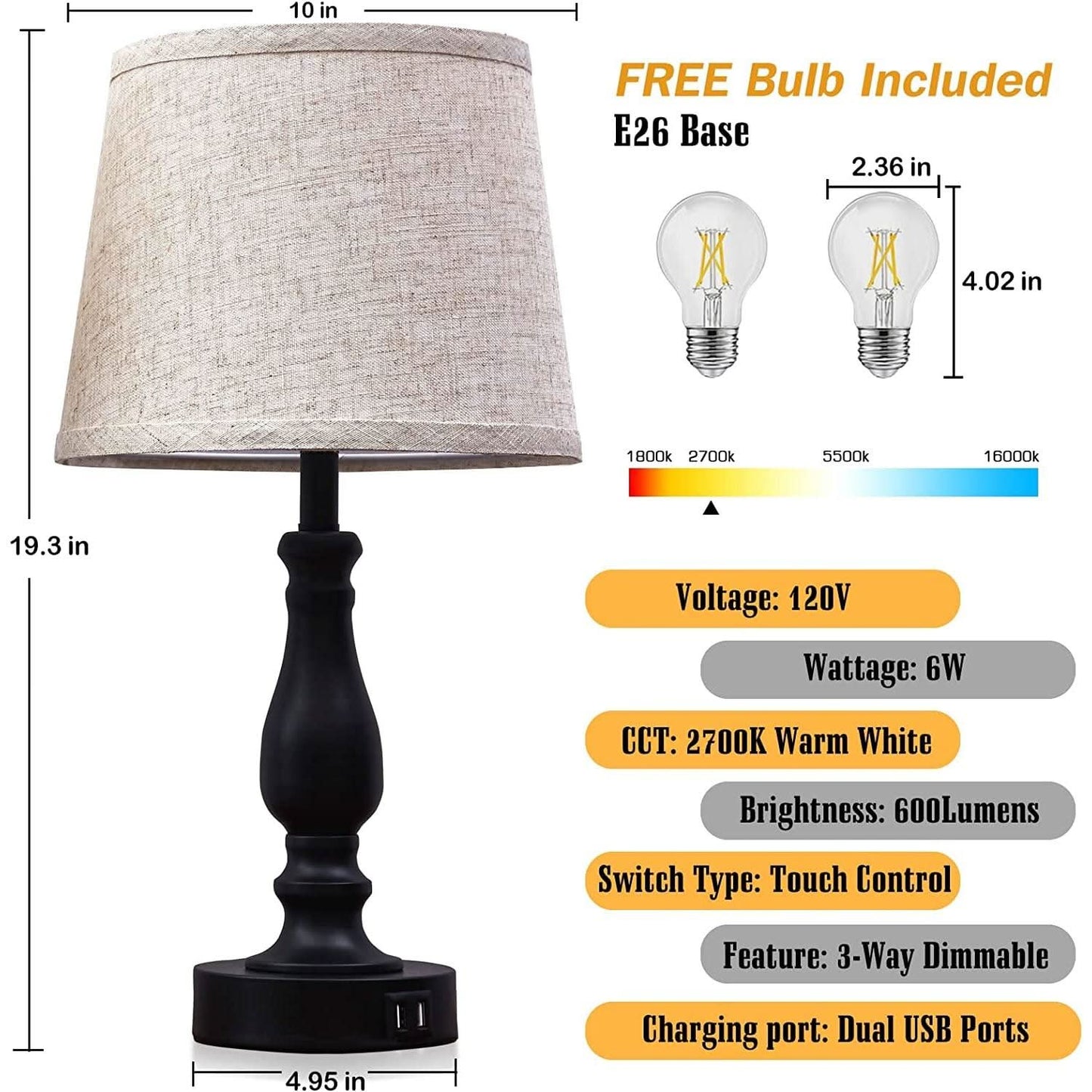 Table Lamps Set of 2 With USB Charging Ports Bedside Modern