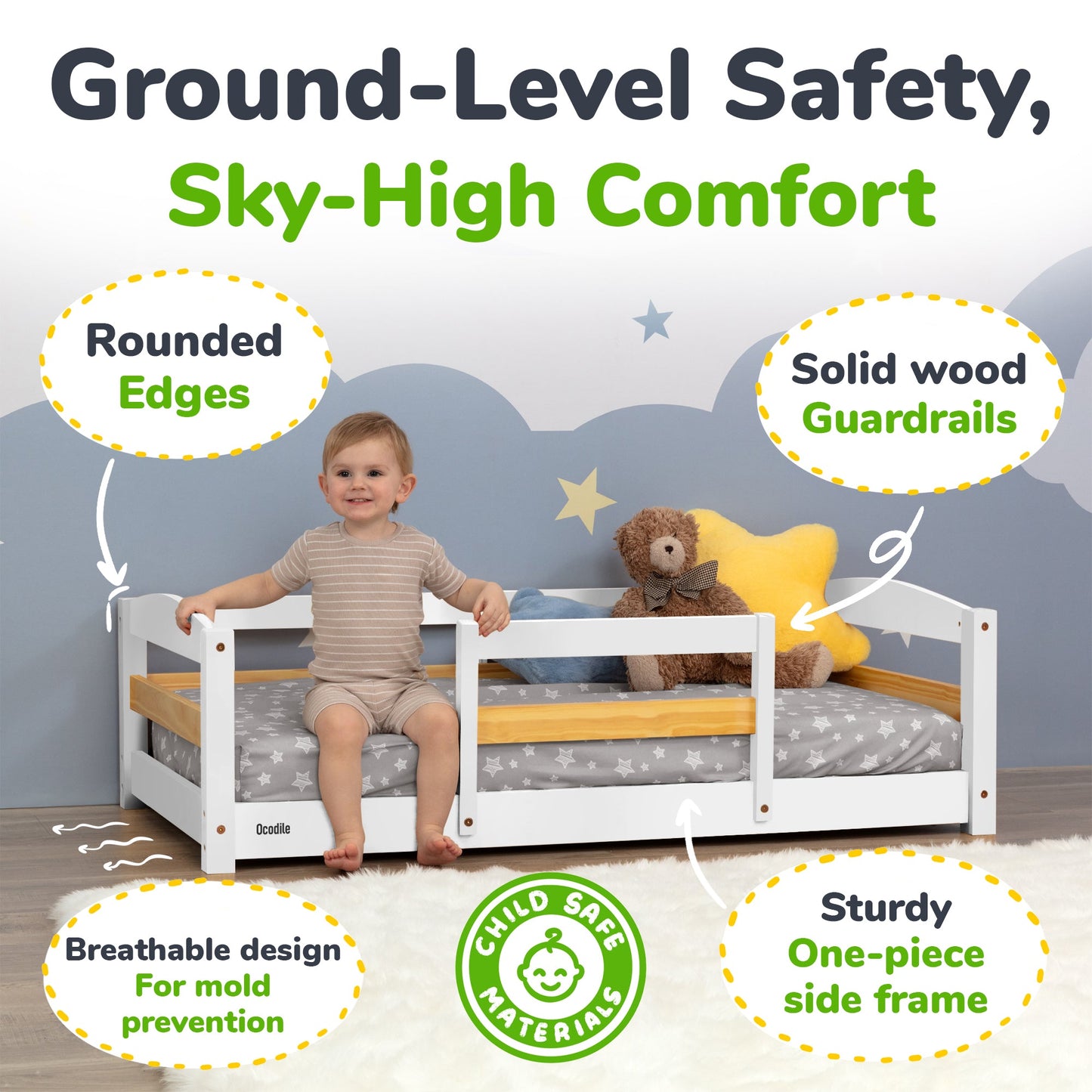 Crib Size Wooden Floor Bed with Safety Rails for Kids Age 1–3
