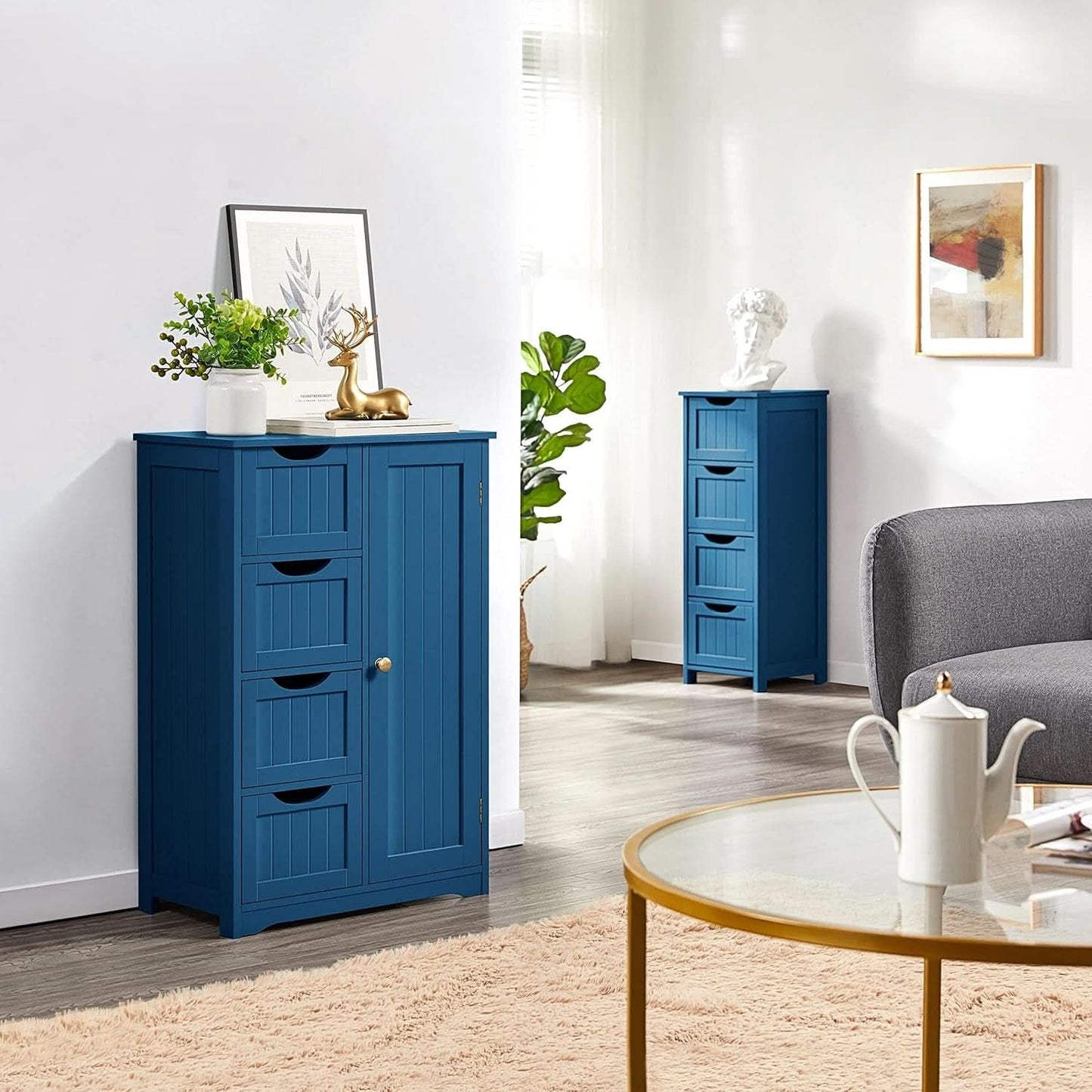 Navy Blue Wooden Bathroom Floor Cabinet With 4 Drawers And Cupboard