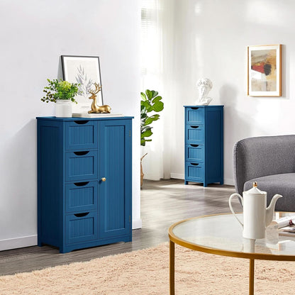 Navy Blue Wooden Bathroom Floor Cabinet With 4 Drawers And Cupboard