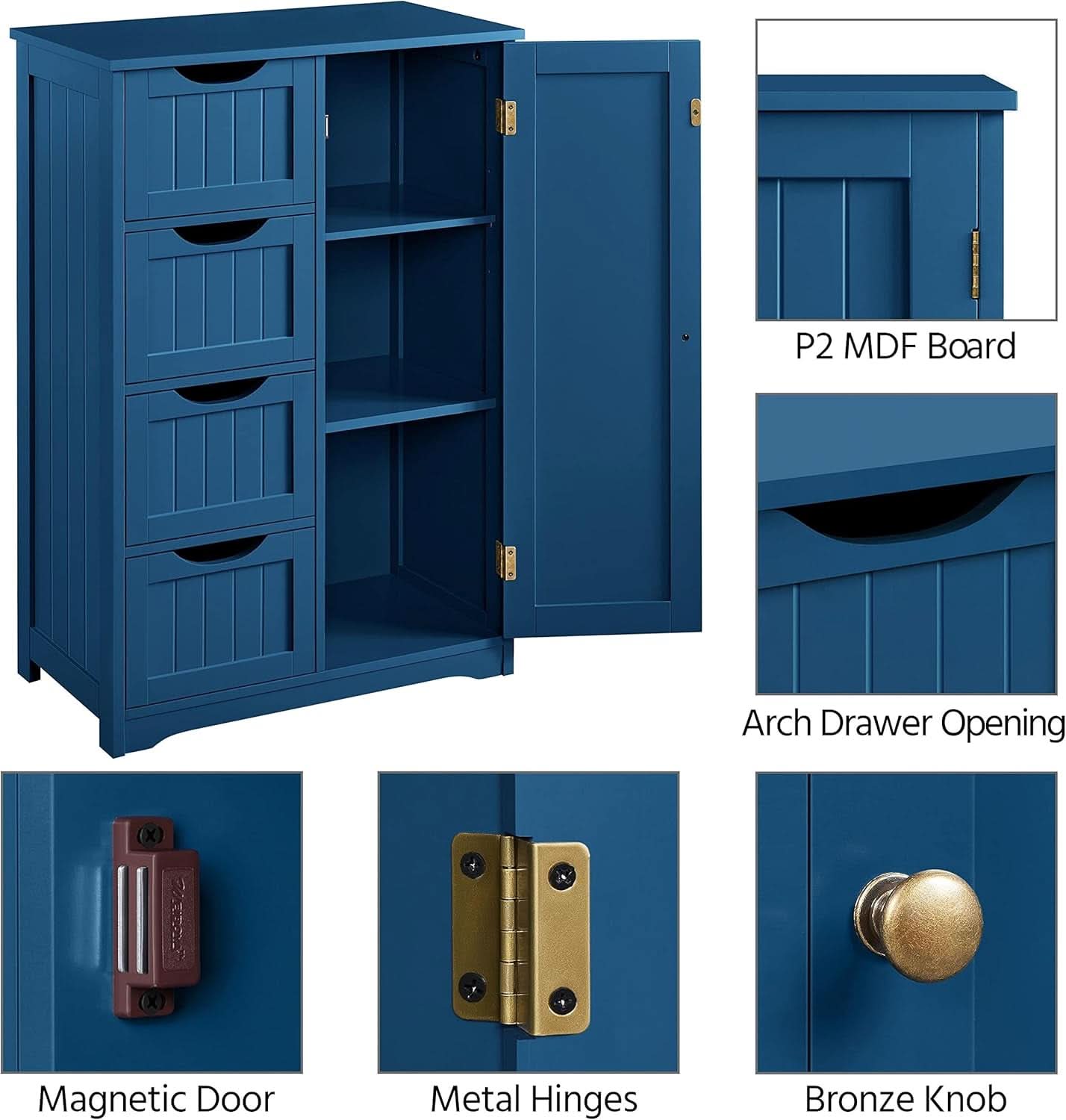 Navy Blue Wooden Bathroom Floor Cabinet With 4 Drawers And Cupboard
