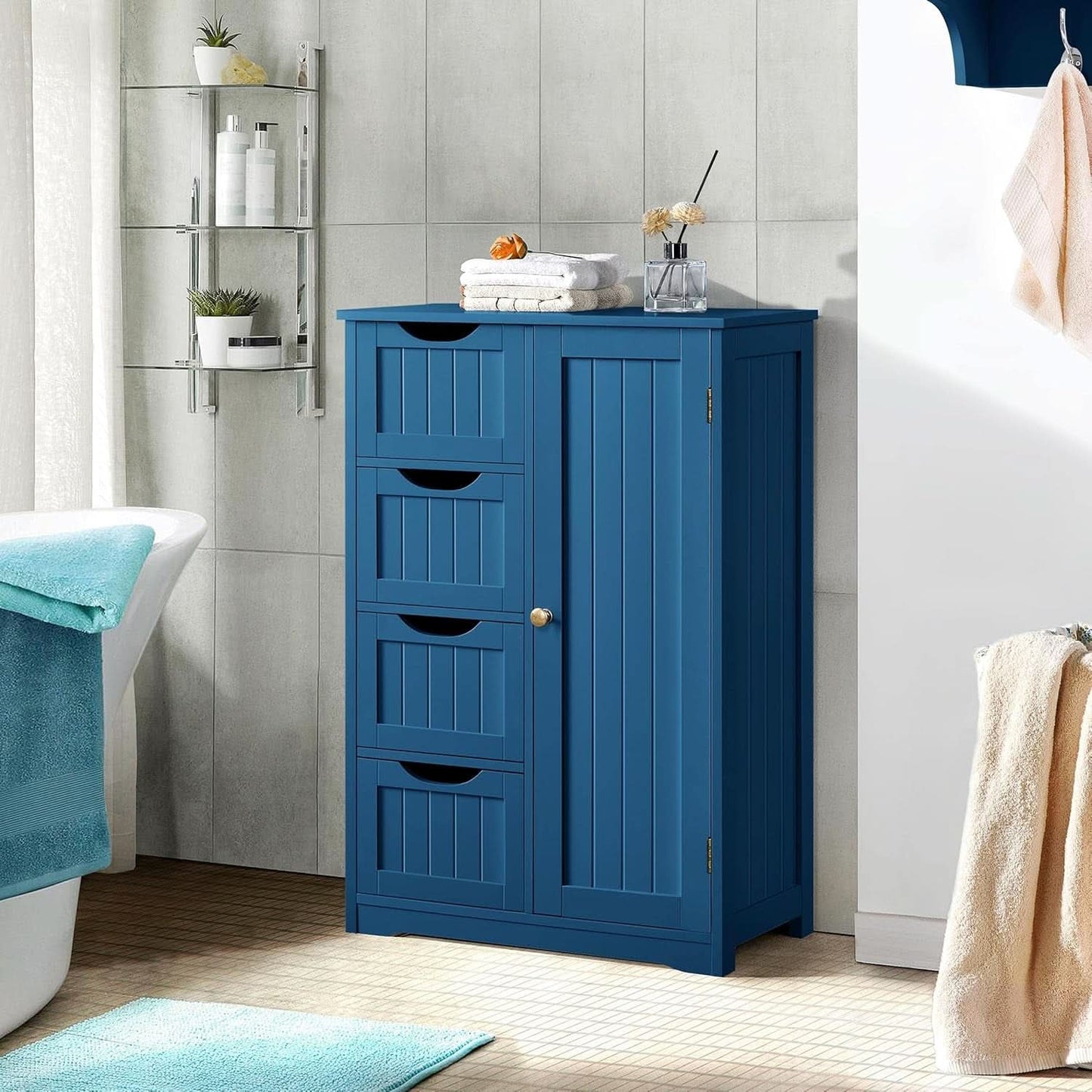 Navy Blue Wooden Bathroom Floor Cabinet With 4 Drawers And Cupboard