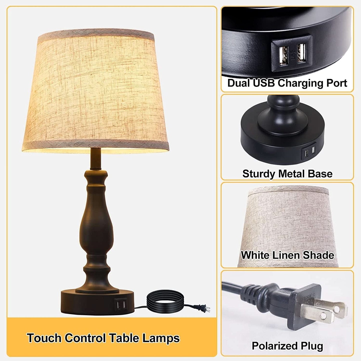 Table Lamps Set of 2 With USB Charging Ports Bedside Modern