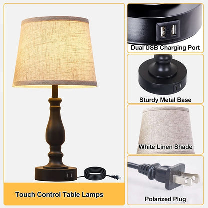Table Lamps Set of 2 With USB Charging Ports Bedside Modern
