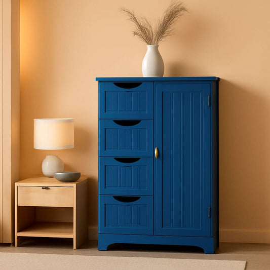 Navy Blue Wooden Bathroom Floor Cabinet With 4 Drawers And Cupboard