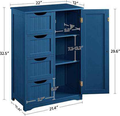 Navy Blue Wooden Bathroom Floor Cabinet With 4 Drawers And Cupboard
