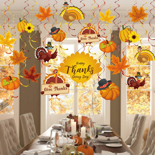 Blulu Thanksgiving Hanging Swirls Decorations Turkey Pumpkin Maple 30 Count