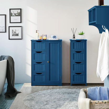 Navy Blue Wooden Bathroom Floor Cabinet With 4 Drawers And Cupboard