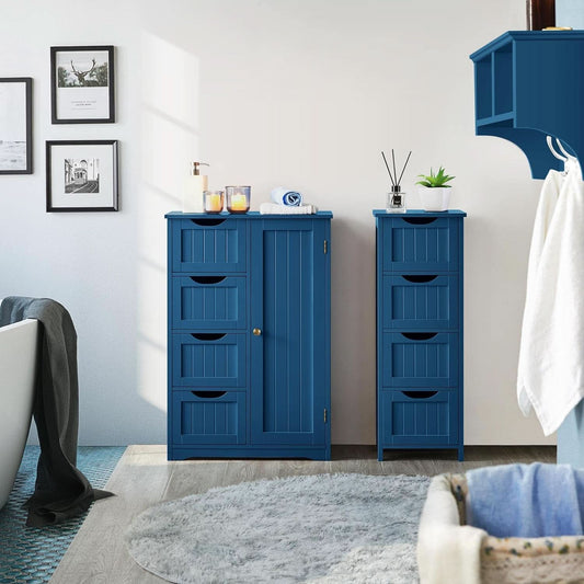 Navy Blue Wooden Bathroom Floor Cabinet With 4 Drawers And Cupboard