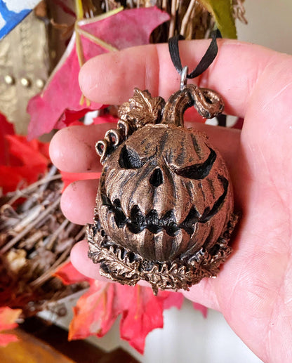 Jack O' Lantern Ornament, Hand Painted Resin Sculpture | Gothic Halloween Pumpkin Figurine | Dark Witchy Art for Spooky Holiday Decor