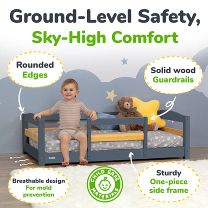 Crib Size Wooden Floor Bed with Safety Rails for Kids Age 1–3