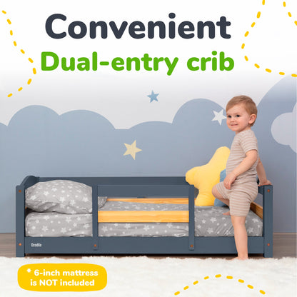 Crib Size Wooden Floor Bed with Safety Rails for Kids Age 1–3
