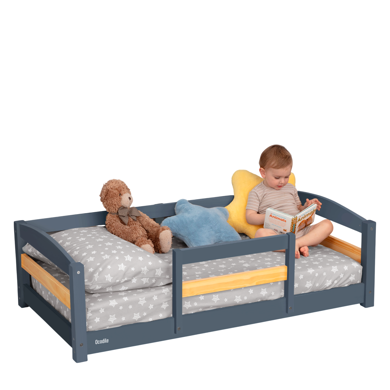 Crib Size Wooden Floor Bed with Safety Rails for Kids Age 1–3