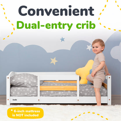 Crib Size Wooden Floor Bed with Safety Rails for Kids Age 1–3