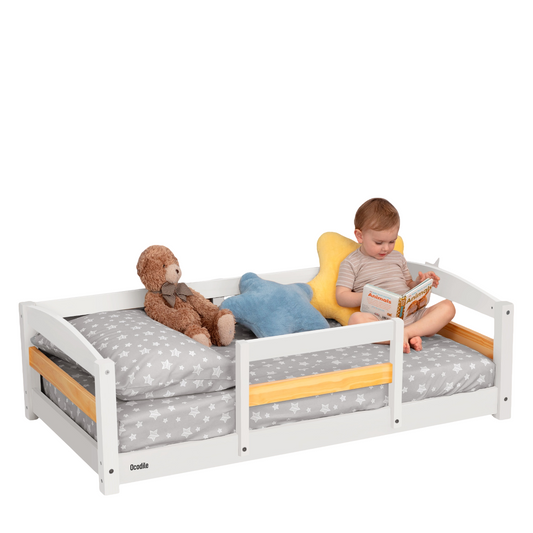 Crib Size Wooden Floor Bed with Safety Rails for Kids Age 1–3