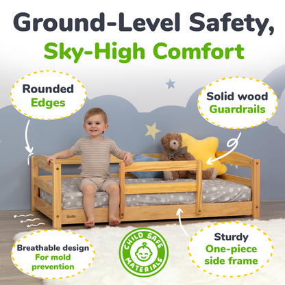 Crib Size Wooden Floor Bed with Safety Rails for Kids Age 1–3