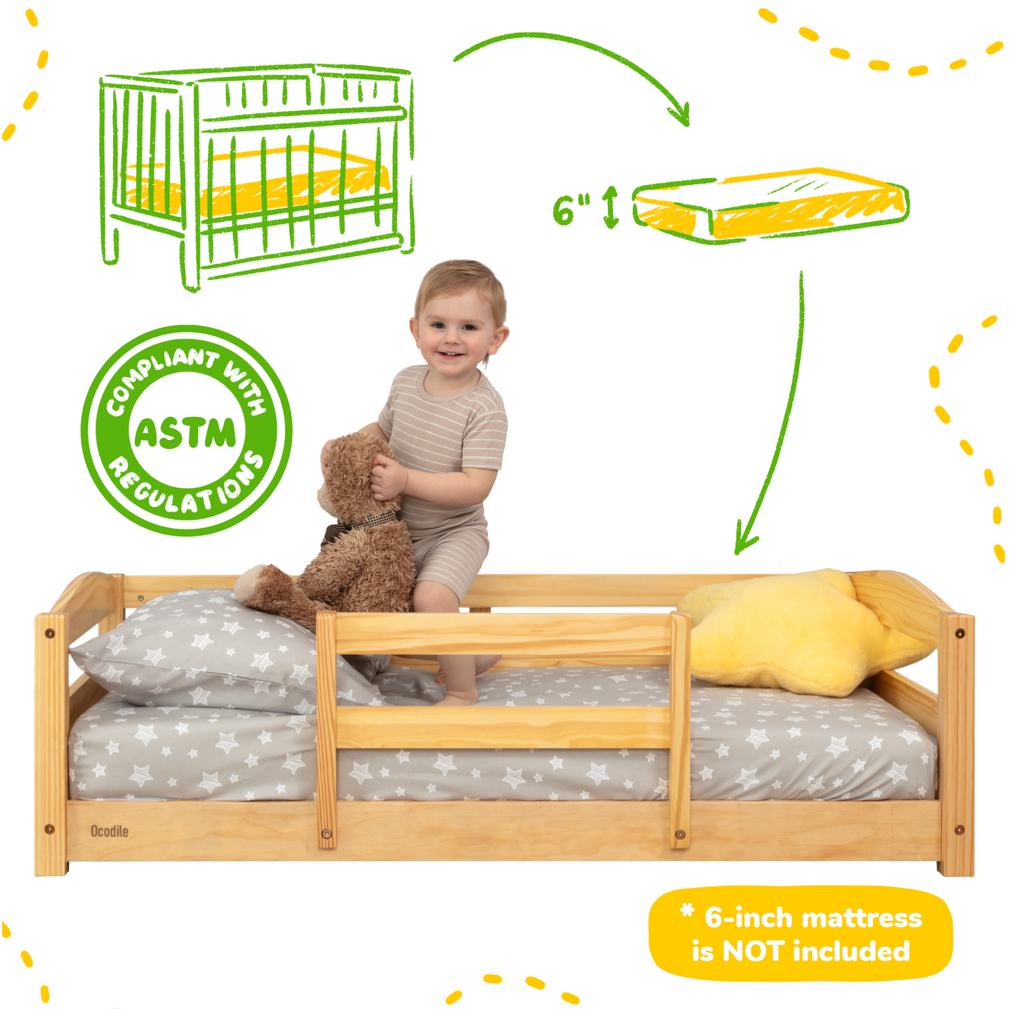 Crib Size Wooden Floor Bed with Safety Rails for Kids Age 1–3