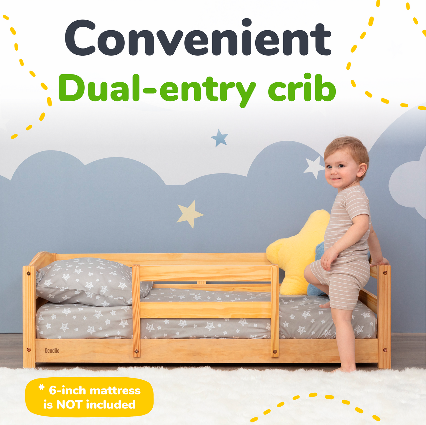 Crib Size Wooden Floor Bed with Safety Rails for Kids Age 1–3
