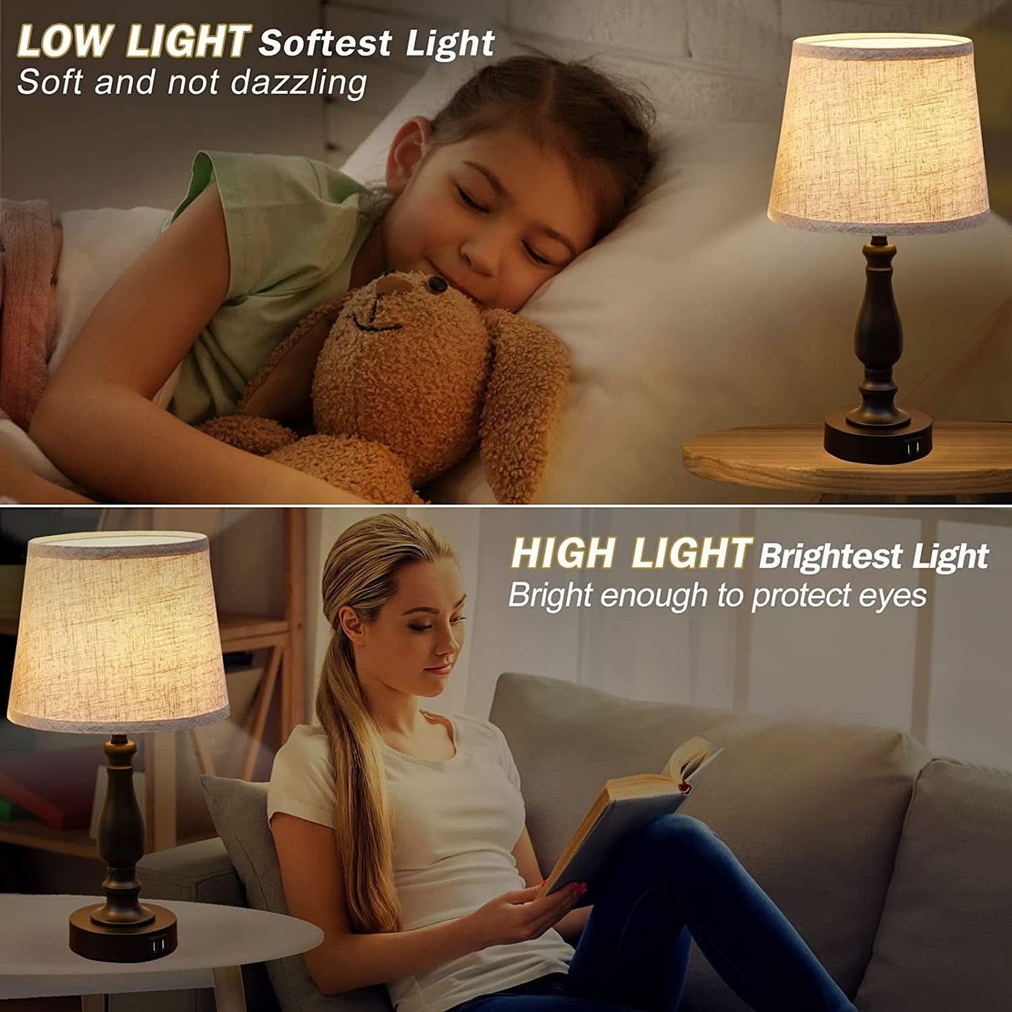Table Lamps Set of 2 With USB Charging Ports Bedside Modern