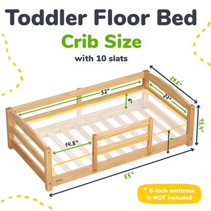 Crib Size Wooden Floor Bed with Safety Rails for Kids Age 1–3